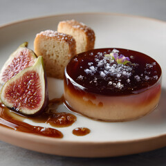 Dessert Plate with Figs, Caramel Pudding, and Crumbled Cake