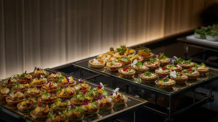 Elegant canape tart appetizer buffet catering hors doeuvre with gourmet bite sized savory tarts
