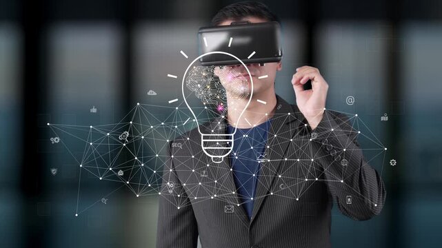 A man is immersed in a virtual reality experience, wearing a sleek headset with a backdrop of floating digital icons, showcasing the intersection of technology and creativity. Raster