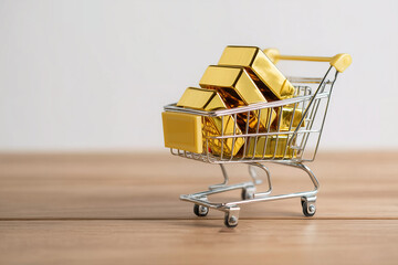 Gold bars in miniature shopping cart concept