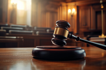 Judge&rsquo;s Gavel on Courtroom Bench Close-Up