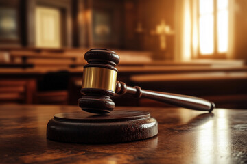 Judge&rsquo;s Gavel on Courtroom Bench Close-Up