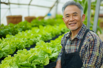 Smiling Farmer Harvesting Lettuce in Greenhouse