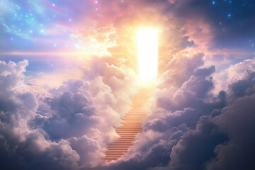 Heavenly light breaking through clouds with stairs