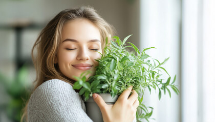 Happy lady hugs pot of plant in people love and care nature and environment, climate change prevent.