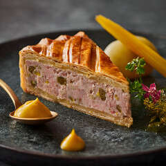 Savory Meat Pie Slice With Golden Crust on Dark Plate