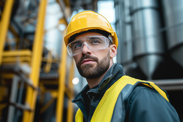 Confident industrial worker in safety gear at construction site