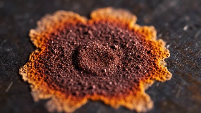 Close-up shot of a burnt food item with a crispy edge on a dark surface with warm tones.