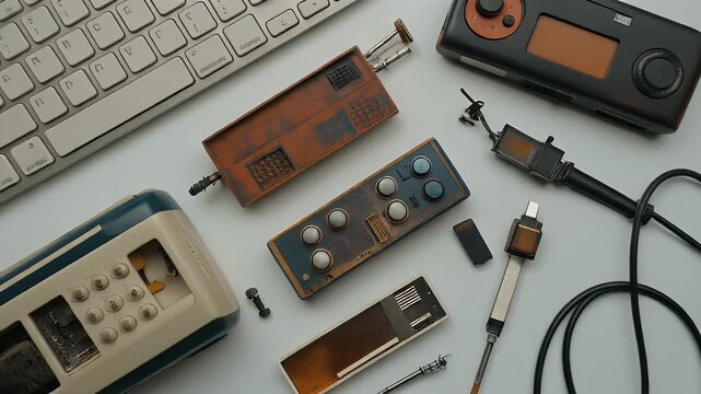 Retro Technology Devices with Keyboard, Vintage Electronics Still Life Arrangement
