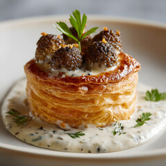 Gourmet Mushroom Vol-au-Vent with Cream Sauce on Plate
