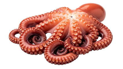 Whole Cooked Reddish-Brown Octopus with Curled Tentacles isolated PNG with Transparent Background