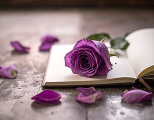 A single purple rose lies open on an open notebook