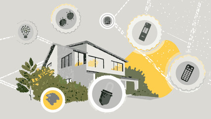 Obraz premium Modern smart home technology concept with house and connected devices for automation and control with modern house and home automation and innovation