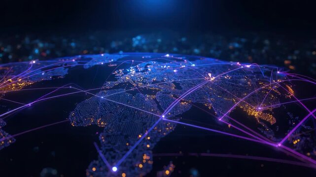 Global world map network connection lights city glowing connection lines vibrant dynamic light paths