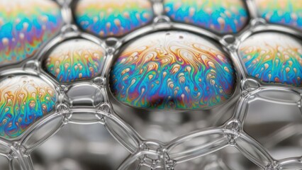 Close up of colorful soap bubbles with reflected light