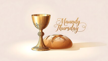 Golden chalice and bread on a light background with Maundy Thursday text 1