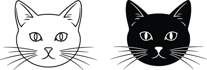 Cat face outline and silhouette illustration set, minimal feline head icons in black and white vector style for pet branding and logo design © MD. NUR ISLAM