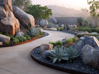 Winding Path Through Peaceful Garden with Desert Plants and Granite Boulders at Sunrise