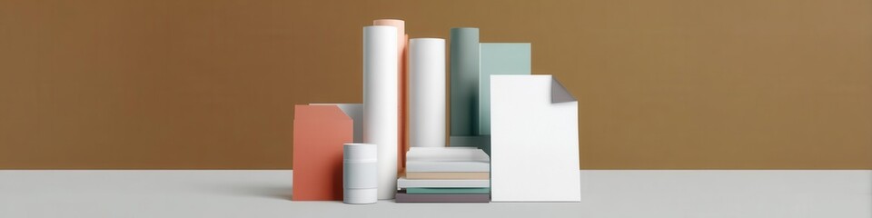 Minimalist Composition of Paper and Cylinders on Brown Background