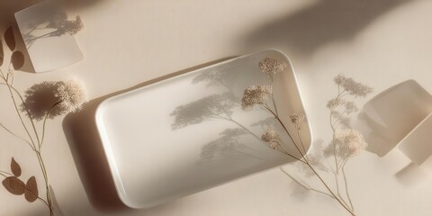 Minimalist Composition White Tray and Dried Flowers with Shadows