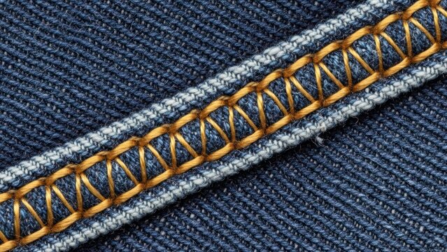 Close up of denim fabric stitching and seam detail with golden thread