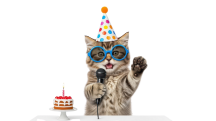 Funny Tabby Kitten Celebrating Birthday, Wearing Party Hat and Blue Glasses, Singing into Microphone. isolated PNG with Transparent Background