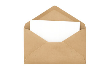 Open kraft paper envelope with blank white paper inside, showing space for a message on transparent background