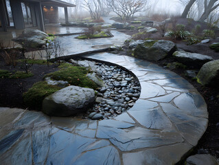Serene Stone Garden Path with Foggy Backdrop and Natural Stones