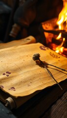 Ancient Scroll Paper with Dried Flower near Fireplace Flame