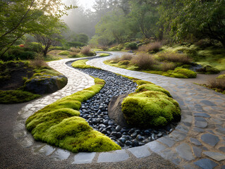 Winding Stone Path with Green Moss and Black Pebbles in Foggy Garden