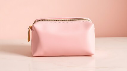 marbel. A pink cosmetic bag with a gold zipper rests on a smooth marble surface. lifestyle magazines, social media lookbooks, designed for influencer and brand collaborations.