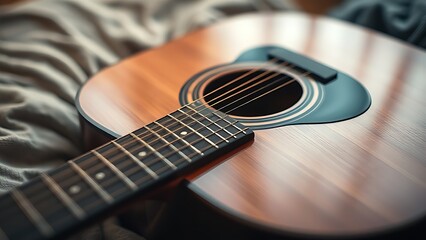 strumming. Acoustic guitar on soft surface with warm lighting highlighting natural wood textures, tutorial guides, club newsletters, designed for sports & leisure club marketing.