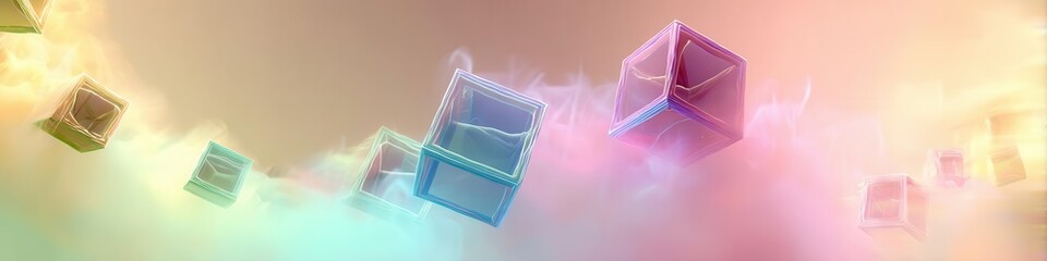 Floating Abstract Cubes in Dreamy Pastel Sky Scene