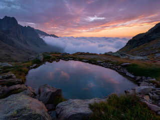 Scenic Mountain Lake Reflecting Pink Sunset Sky With Clouds