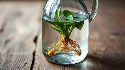 carboy. Clear glass carboy with floating green plant and visible roots on rustic wooden surface. gardening catalogs, home-decor guides, designed for home decor and floral branding.