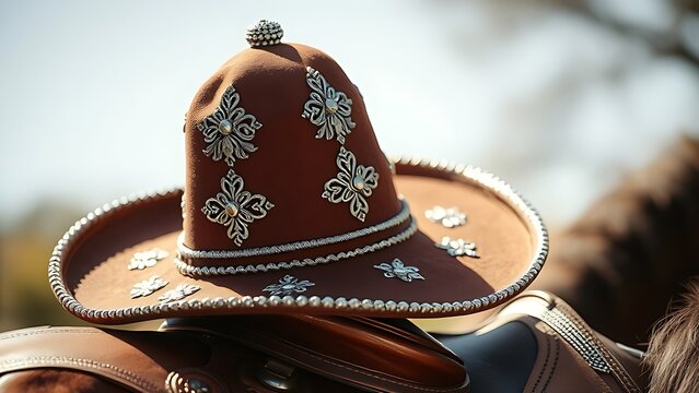 charro. An ornate Mexican charro hat resting on a leather saddle. event programs, museum guides, cultural reports, designed for cultural heritage projects and event programs, used by professors.