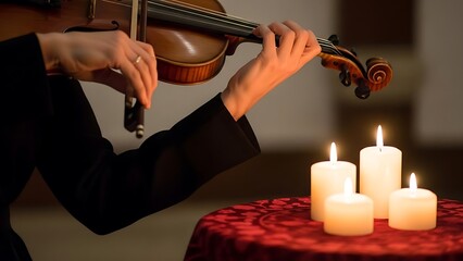 Person playing violin near lit candles on a red tablecloth hands