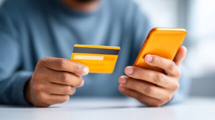 Male hands grasp a credit card and smartphone, demonstrating the modern practice of online shopping. Soft light filters through a nearby window, adding warmth to the scene