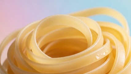 Close up of uncooked pasta noodles spiraling against a gradient background