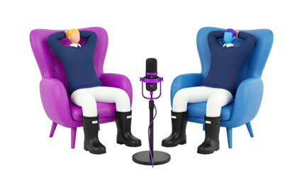Two people in armchairs with a microphone between them