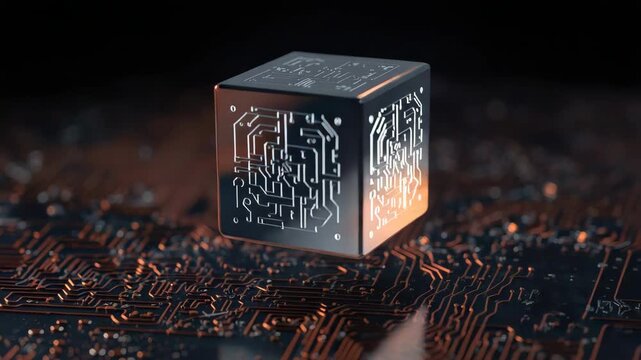 Futuristic circuit cube glowing copper electronics technology hovering above circuit board