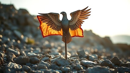 acquiescing. Weathered Roman legion eagle standard planted in rocky ground, symbol of endurance. event programs, museum guides, designed for cultural heritage projects and event programs.