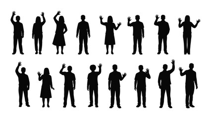 Silhouettes of people in various poses raising hands and celebrating together