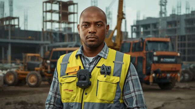 Construction worker safety officer high visibility vest body camera safety equipment urban building