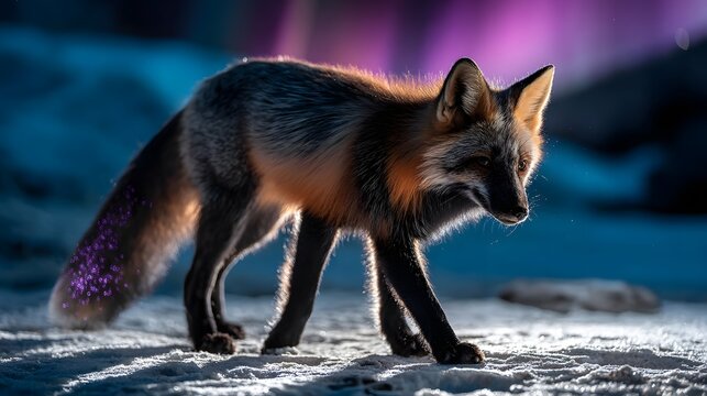 Fuchs bei D&auml;mmerung im Schnee als Symbol f&uuml;r Wachsamkeit und Wildnis
