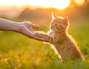 Adorable ginger kitten pawing at an outstretched human hand, sunset