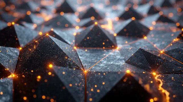 Abstract geometric background with glowing orange lights, creating a futuristic and technological atmosphere.