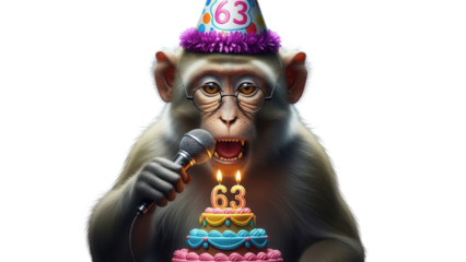 Monkey Wearing Party Hat and Glasses Holding Microphone Singing Happy 63rd Birthday with Cake isolated PNG with Transparent Background