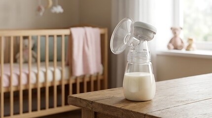 Electric breast pump with milk on wooden table. Breastfeeding equipment in a cozy nursery. Bottle of fresh breast milk near baby crib