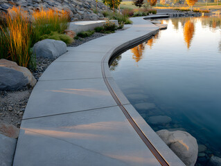 Concrete Pathway Curves Along Serene Pond Reflecting Golden Light at Sunset